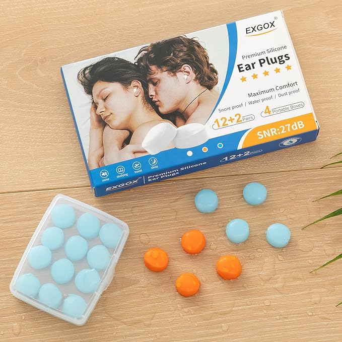 EXGOX 14 Pairs Silicone Ear Plugs for Sleeping Noise Cancelling Reusable Moldable Wax Earplugs for Swimming, Work, Airplane, SNR27dB(Blue, Orange)