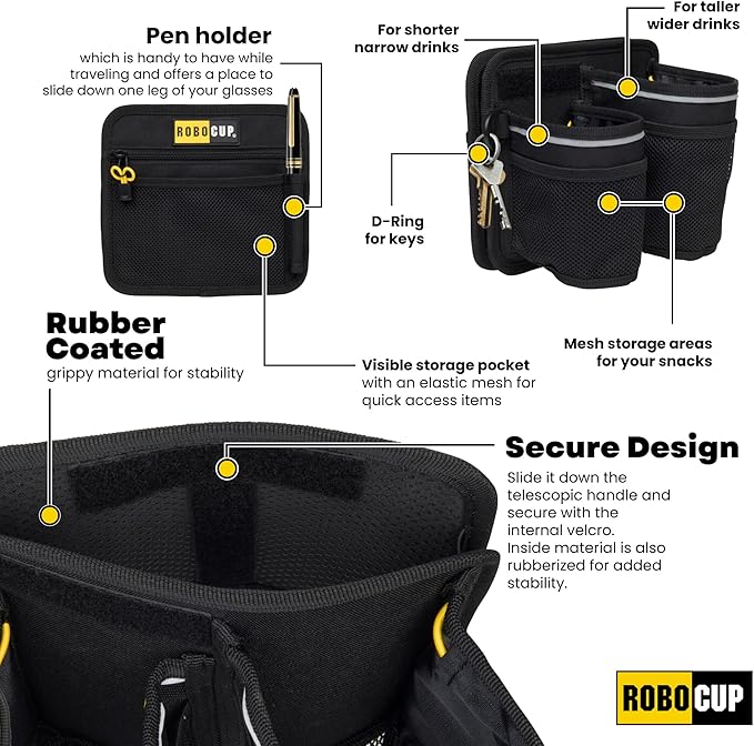 ROBOCUP Travel-Friendly Foldable Dual Drink Holder, Univesal Design for Luggage, Cases and Breifcases with a Telescopic Handle | Storage Pockets, D-Ring, Pen Slot, Reflective Stripe, Hook&Loop Patch