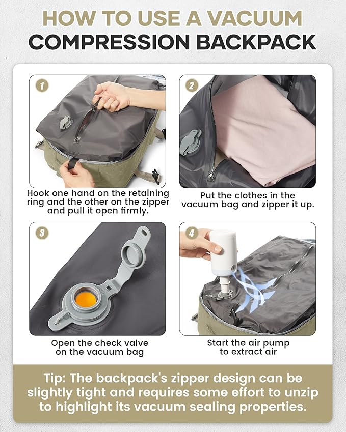 VECAVE Vacuum Travel Backpack with Pump for Women,Personal Item Carry on Backpacks Flight Approved 18x14x8 inches for Men,Laptop Waterproof Work Compression bags Casual Daypack Khaki.
