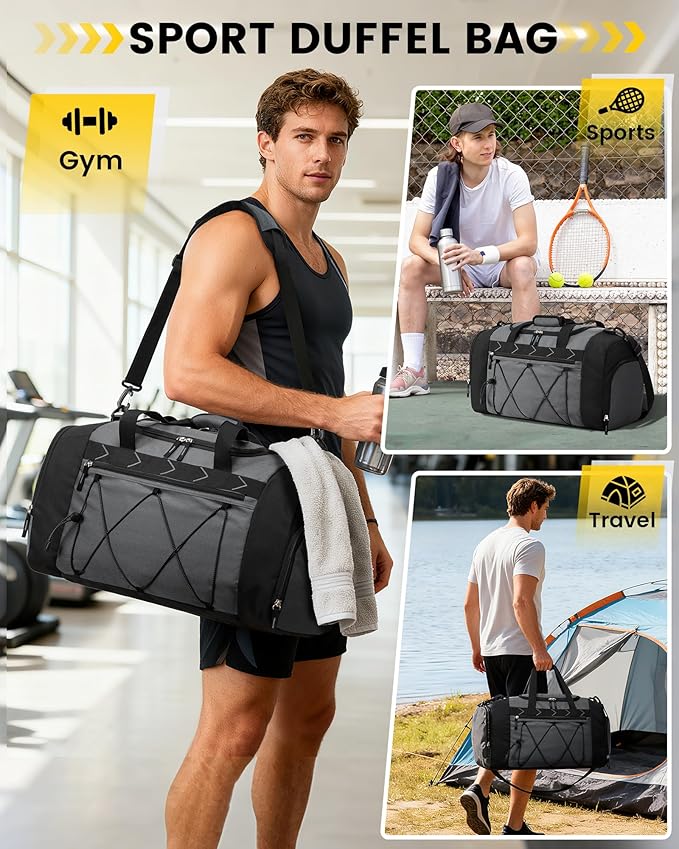 Vorspack Gym Bag for Men - 21 Inches Duffle Bag for Travel Water-resistant Travel Bag with Shoe Compartment Wet Pocket Duffel Bag for Gym Sports Travel Weekender Overnight - Grey