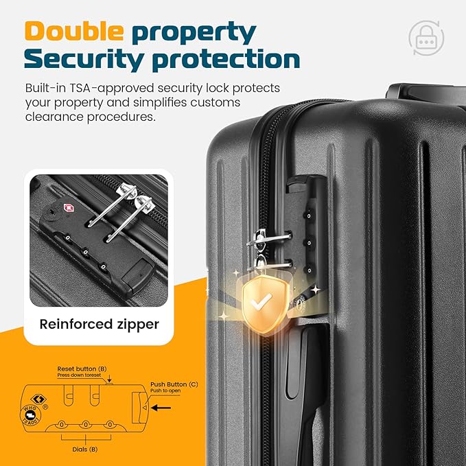 Hoteel Luggage Sets 3 Piece, 4-Yr Warranty, PC+ABS Suitcases with Wheels and Side Hook, Hardshell 20 inch Luggage with Duffel Bag Travel Bag, Black(20/DB/TB)