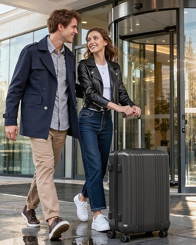 Coolife Luggage PC+ABS Hardshell Suitcase with TSA Lock, Spinner Checked Lightweight (wine red, M(24IN))