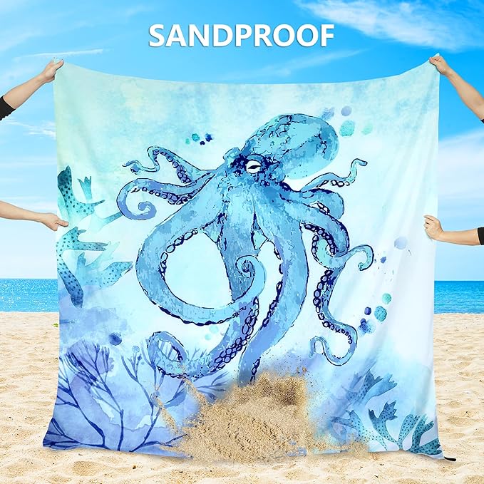 Beach Blanket Waterproof Sandproof Beach Mat for 1-8 Adults Quick Drying Durable Outdoor Picnic Mat for Beach Festival Travel Camping Hiking (BL-Octopus, 79"×83"(4 Person))