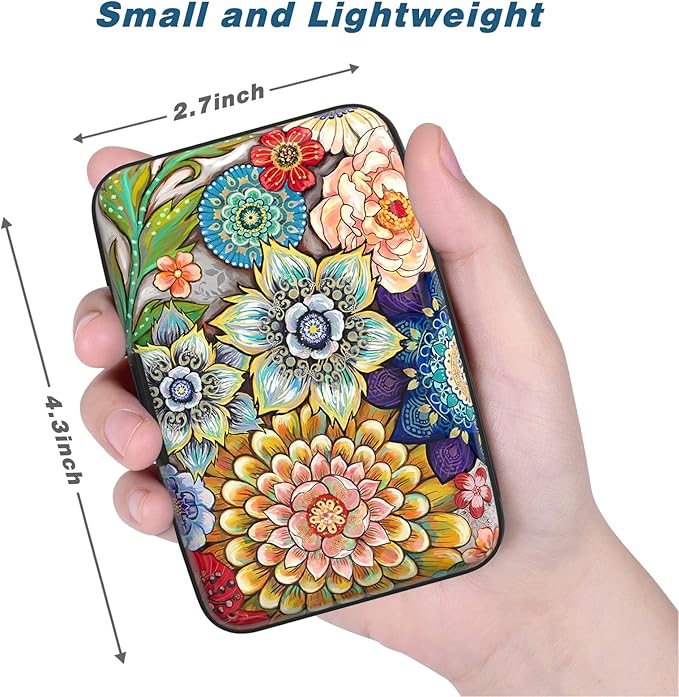 Credit Card Holder, Mini Aluminum Card Wallet RFID Blocking Slim Metal Hard Card Case for Women Men, Mandala Flower