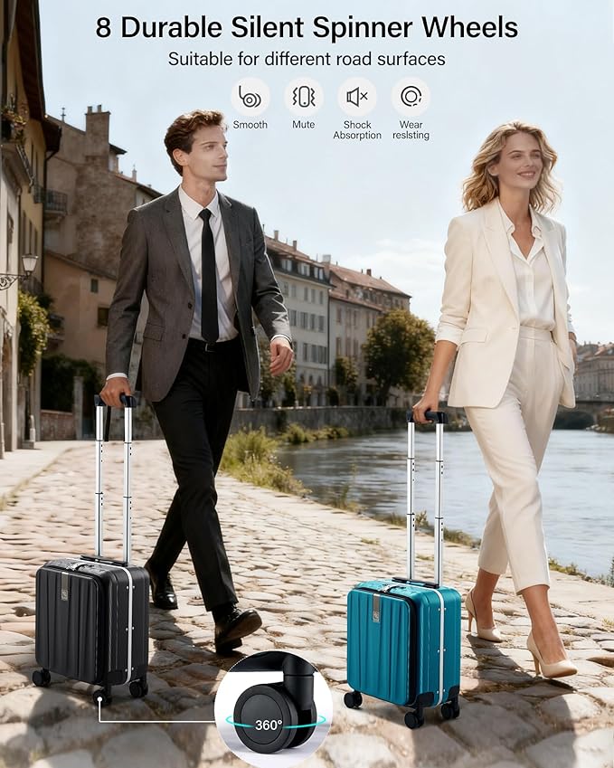 Hanke 16 Inch Small Carry On Luggage Hard Shell Top Opening Aluminum Frame Suitcase with Spinner Wheels, Underseat Front Open Luggage for Men & Women Business Travel and Short Trips, Caribbean Blue