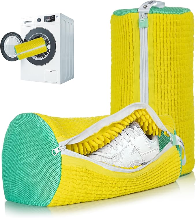2Pcs Shoe Washing Machine Bag, Sneaker Laundry Bag for Washing Machine, Extra Long and Thick Microfibre Fluff, Reusable for Washer and Dryer (2pcs, Bright yellow Green)