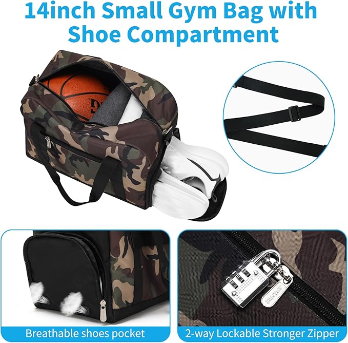 Small Gym Bag 14 inch lightweight Carry On Mini Duffel Bag with Shoe Compartment for Travel Sport - Camouflage