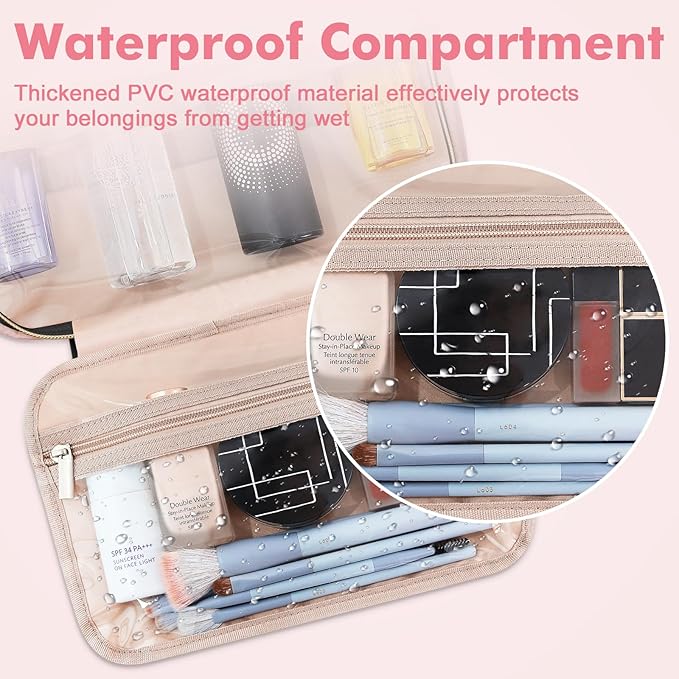 Wedama Toiletry Bag for Women, Medium Cosmetic Travel Bag, Hanging Toiletry Bag for Bathroom, Thickened PVC Waterproof Makeup Bag, Toiletries Bag for Travel Business Trips and Camping, Baby Pink
