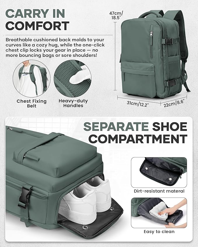 VECAVE Vacuum Travel Backpack with Pump for Women, Personal Item Carry on Backpacks Flight Approved 18x14x8 inches for Men,Laptop Waterproof Work Compression bags Casual Daypack. (Green)