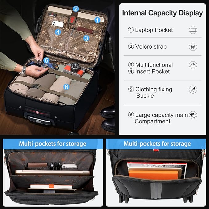 Underseat Carry-On Luggage Lightweight Rolling Tote Bag with 4 Spinner Wheels (Black, 16-Inch)