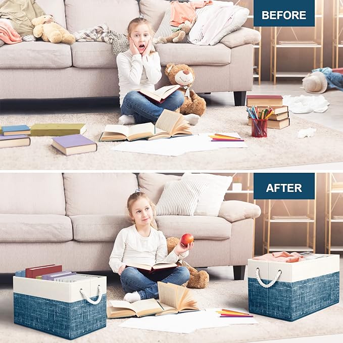 Fab totes Storage Bins [2-Pack], Foldable Storage Baskets for Organizing Toys, Books, Shelves, Closet, Large Storage Box with Rope Handles, Sturdy Organizer Bins, White & Blue