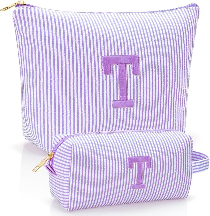 Personalized Initial Makeup Bag,Toiletry Travel Cosmetic Bag,Trendy Stuff for Teen Girls and Women,Holiday & Birthday Gift,2 Pack (T, Purple)