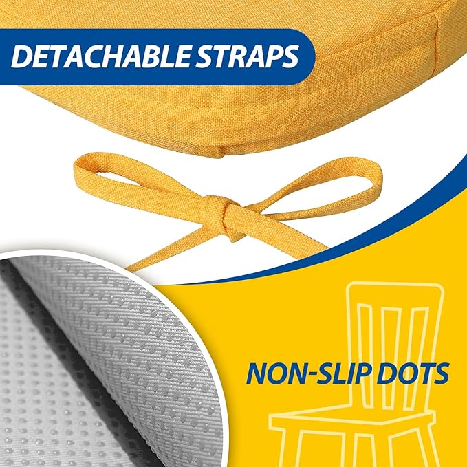 AAAAAcessories D-Shaped Chair Cushions, 2" Thick Dining Chair Pads with Ties and Removable, Machine-Washable Cover, 17" x 16", Set of 6, Golden Yellow