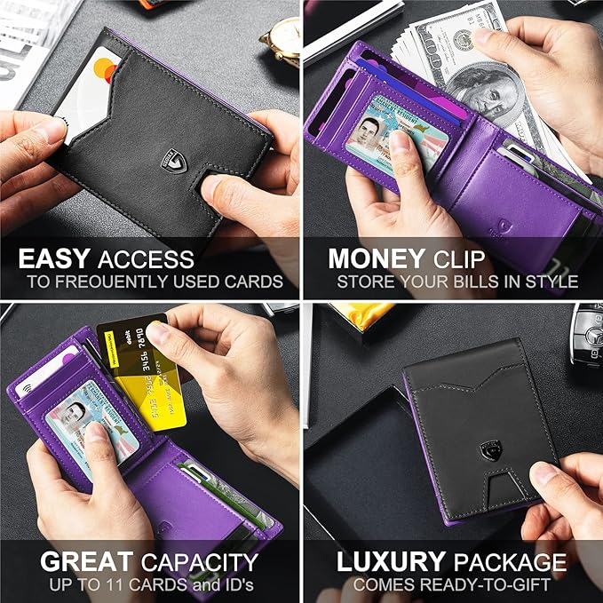 GSOIAX Slim Wallet for Men Rfid Blocking Leather Bifold Front Pocket Carbon Fiber Credit Card Holder Novelty Wallets With Gift Box (Black and Purple)