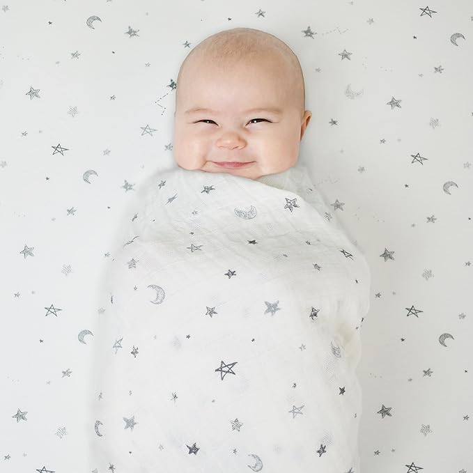 American Baby Company 100% Cotton Muslin Swaddle Blanket (47" x 47"), Soft, Breathable & Lightweight, Gray Stars/Moon, for Boys and Girls, Perfect for Swaddling, Travel and Gifting