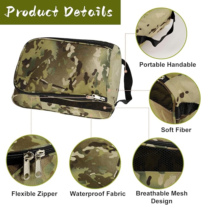 Golf Shoe Bag, Outdoor Zipper Sports Shoe Strap Bag with Air Mesh Ventilation, Durable Waterproof Golf Shoe Carry Bags with Sturdy Handle for Gym, Soccer, Running & Suitcase Packing(Green Camouflage)