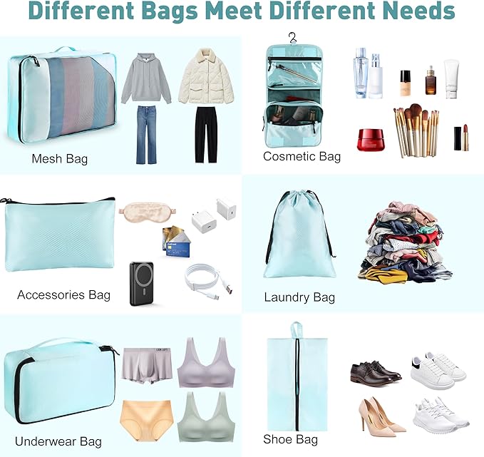 8-Piece Packing Cubes for Travel, 2026 Upgraded Durable Zippers & Reinforced Mesh, Complete Luggage Organizer Set with Shoe/Toiletry/Laundry Bags, 4 Sizes for Suitcase, Men Women, Lake Blue