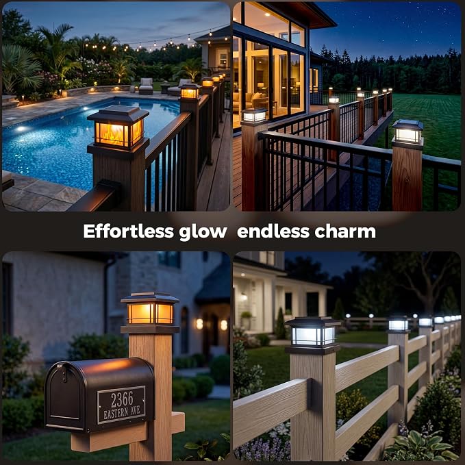 JOFIOS Flickering Flame Solar Post Cap Lights Outdoor, Black Post Lights with 3 Color Temperature, Fits 3.5" 4" 4.5" 5" Wood/Vinyl Posts, IP64 Waterproof Fence Deck Lights for Garden Patio Yard 6 Pack