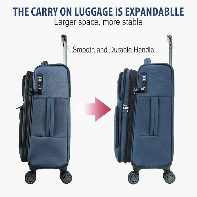 KROSER Softside Expandable checked Luggage with Front Business Pockets，24 Inch Suitcases with Spinner Wheels & Built-in TSA Lock, Durable Suitcase Rolling Luggage, Haze Blue
