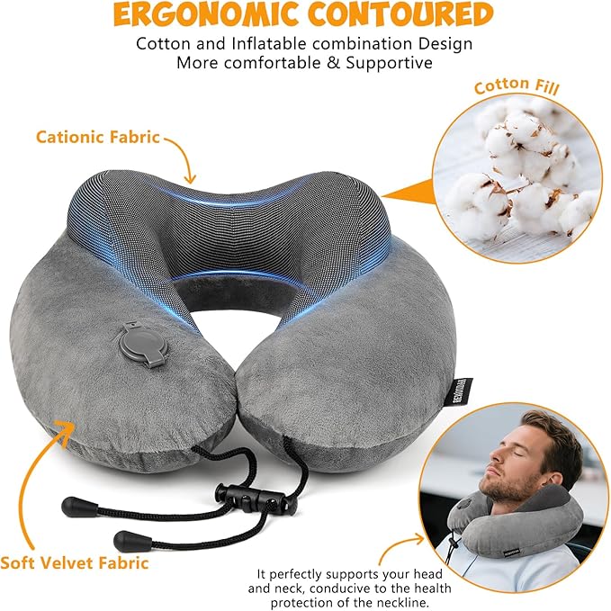 Rewondah Inflatable Neck Pillow – Comfortable Inflatable Travel Neck Pillow for Airplanes, Trains, Cars, Blow up Neck Pillows for Air Travel, Portable & Washable, Perfect for Long Journeys