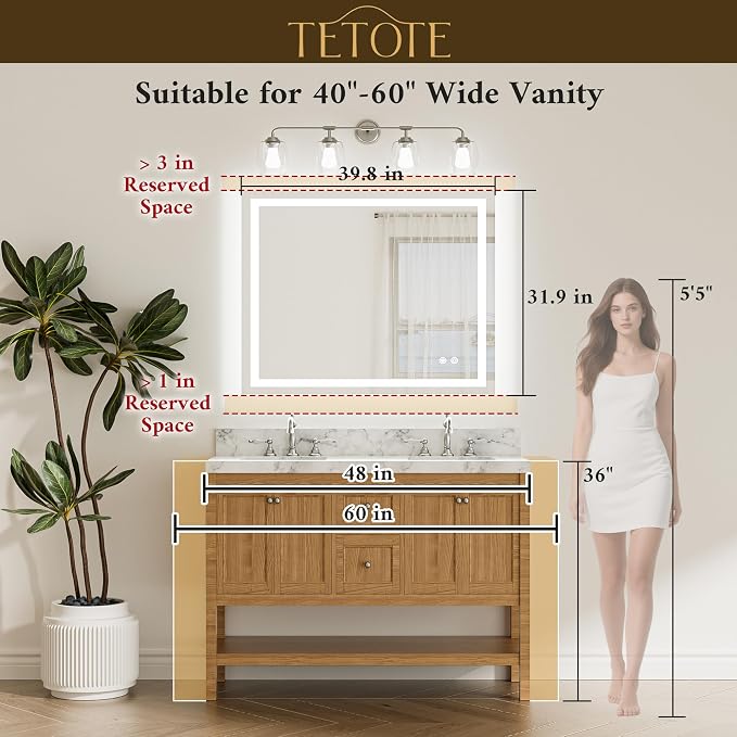 LED Bathroom Mirror with Lights 40 x 32 Brighter Lighted Front and Backlit Led Vanity Antifog Light up Mirror for Bathroom, 3-Color Dimmable, Wall Mounted, Waterproof