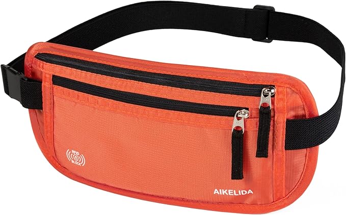 RFID Blocking Money Belt - Passport Holder & Travel Wallet, Slim Hidden Fanny Packs for Women Men - Orange
