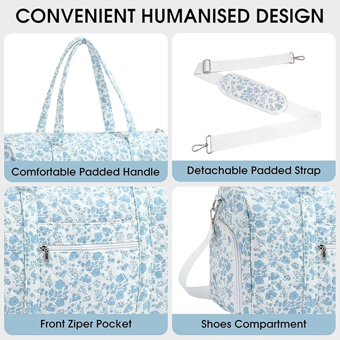 Duffle Bag, Gym Bag for Women, Quilted Duffle Bags, Travel Large Capacity Floral Weekender Bags with Shoe Compartment