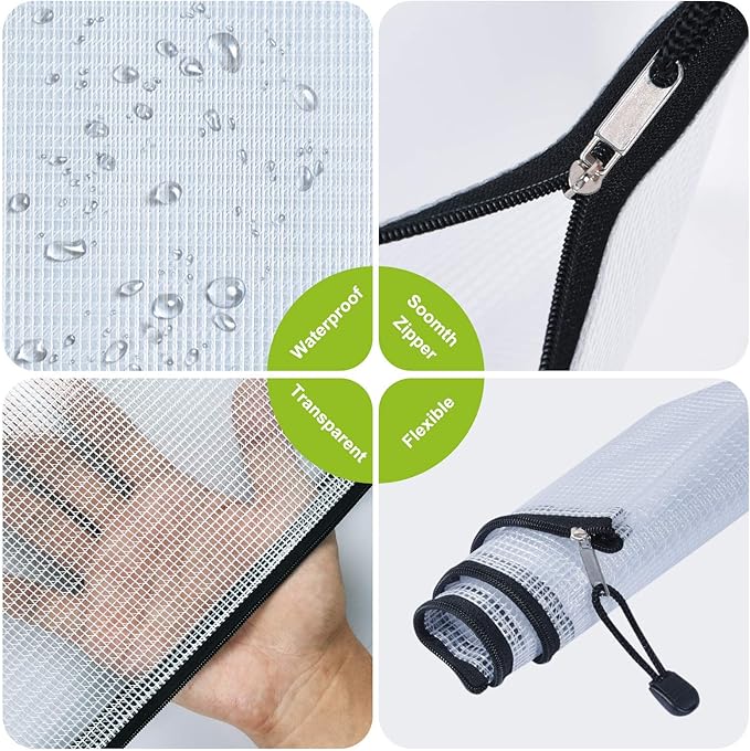 12 Pcs Plastic Mesh Zip File Bags, Waterproof Tear-Resistant Document File Folders, A4 Size Zipper Documents Pouch Document Organizer Bags for School Office Home Travel Storage(13.5×9.5Inch)