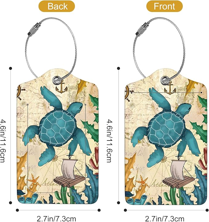 2Pack Luggage Tags for Suitcases, Cute Unique Pu Leather Cruise Luggage Tag with Privacy Cover ID Label Address Card and Metal Ring Suitable for Women Men Kids Travel Bag Turtles