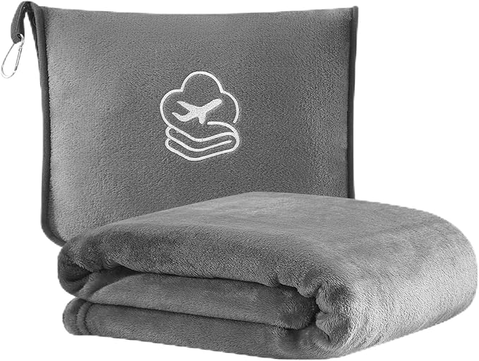 Travel Blanket, Soft 2-in-1 Airplane Blanket, 65x40 Inches, Travel Essentials Car Blanket with Luggage Sleeve & Backpack Clip (Light Grey)