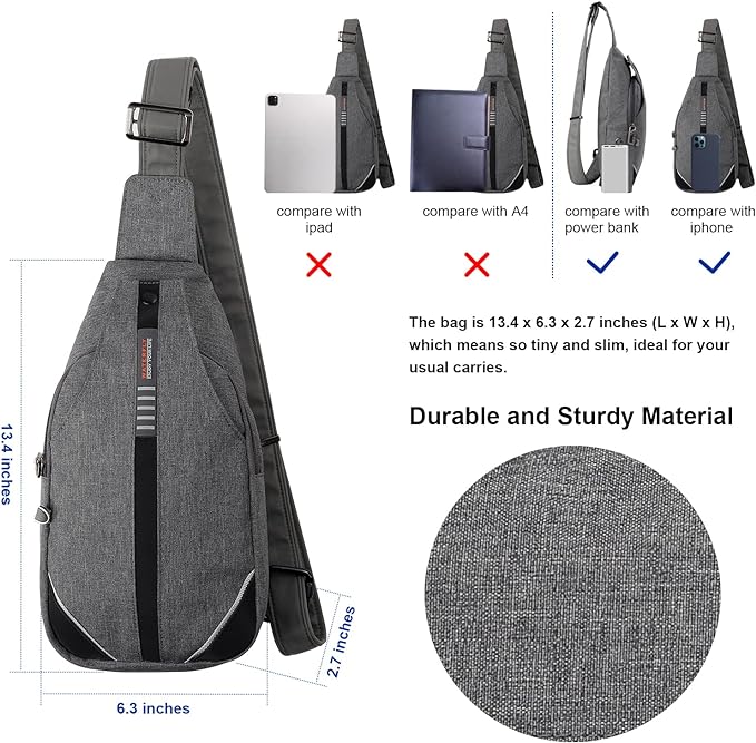 WATERFLY Small Crossbody Sling Backpack Anti Theft Backpack for Traveling Chest Bags for Men&Women Multipurpose Casual Daypack Hiking Shoulder Bag (Gray)