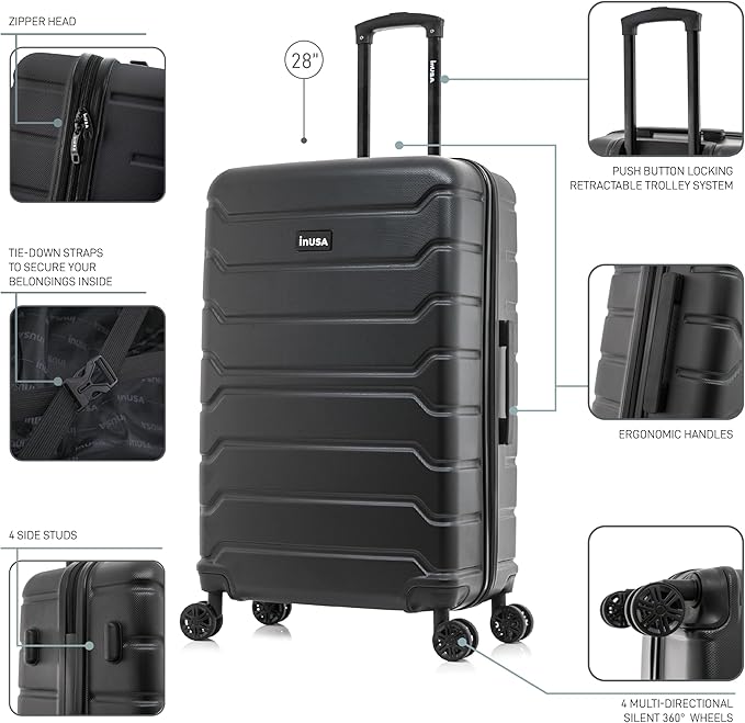InUSA TREND Luggage with Spinner Wheels | Durable Lightweight Hardside Suitcase, Travel bag with Handle and Trolley, 28-Inch Large Checked luggage | Black