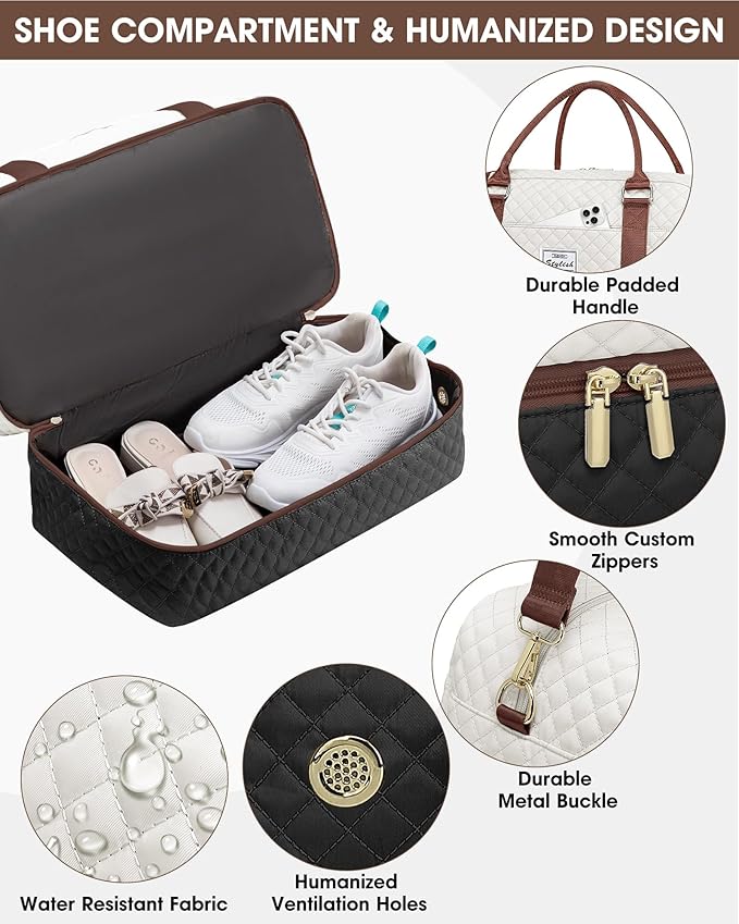 Travel Duffle Bags for Women - Overnight Weekender Bags With Toiletry Bag Carry On Duffel Bags with Shoe Compartment Hospital Bag with Wet Pocket for Labor Delivery Black Brown
