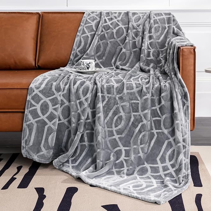 Soft Cozy Fleece Throw Blanket, 50x60 Inches – Lightweight Plush Blanket for Couch, Fuzzy 3D Jacquard Design, for Sofa, Bed & Travel - Light Grey