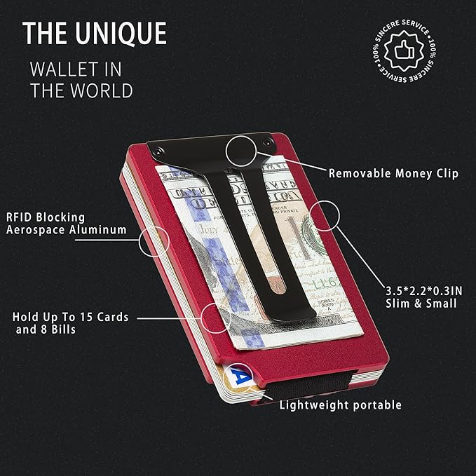 Carbon Fiber Minimalist Wallet for Men Credit Card Holder Money Clip & Cash Strap Slim RFID Mens Wallets-Matt Red
