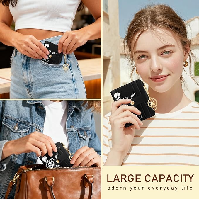 Jogjam Skull Skeleton Rfid Women Wallet, Small Slim Thin Credit Card Wallet, PU Leather Bifold Cash Zipper Coin Pocket ID Window for Female Ladies Teen Girls Girly