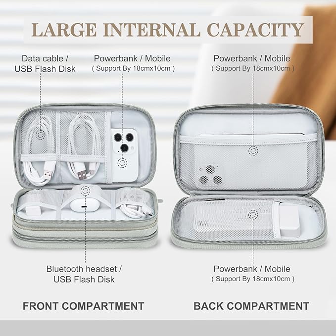 FYY Electronic Organizer, Travel Cable Organizer Bag Pouch Electronic Accessories Carry Case Portable Waterproof Double Layers Storage Bag for Cable, Charger, Phone, Earphone, Medium Size, Khaki