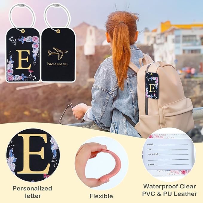 3 Pack Luxury Floral Luggage Tags, Durable PU Leather Suitcase Tags with Stainless Steel Cable Strap, Hidden ID Slot for Privacy Protection, Easy to Identify Waterproof Travel Accessories Gift (E)
