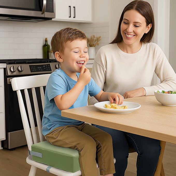 Toddler Booster Seat Dining Table Kitchen Chair, Waterproof Anti-Scratch PU Cushion, Non-Slip Bottom, Adjustable Buckle Straps, Easy Clean Portable Seat Cushion (Green)