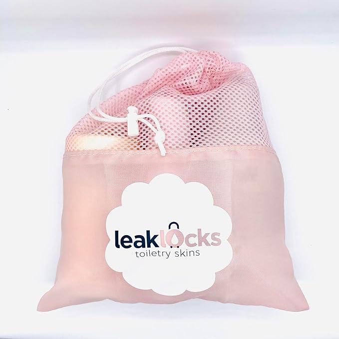LeakLocks® Toiletry Skins 4-Pack w/Travel Bag. Elastic Sleeve for Leak-Proofing Travel Container in Luggage. Fits Standard/Travel Sized Toiletries. Reusable Accessory for Travel Bag Suitcase/Carry-on