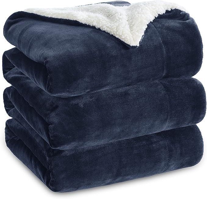 Bedsure GentleSoft Sherpa Fleece Blanket Queen Size for Bed, Non-Heated, Thick and Warm Throw for Women and Men, Soft Fuzzy Plush Weight Queen Blanket for Winter, Navy, 90x90 Inches