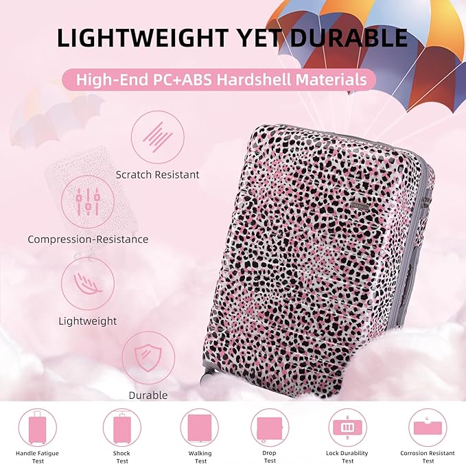 LARVENDER Luggage Sets 6 Piece, Expandable Luggage Hardside PC+ABS Leopard Suitcase Sets with Spinner Wheels TSA Lock, Lightweight Rolling Suitcase for Men and Women, Leopard Pink