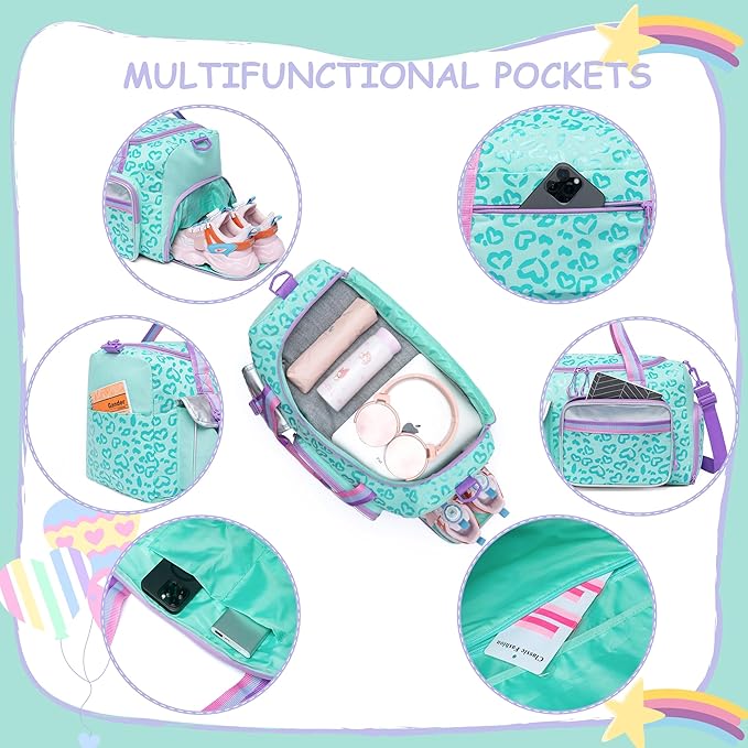 Kids Duffle Bag Girls Women Travel Bag Gifts Overnight Bags for Girls Women Dance Sleepover Bags for Kids with Shoes Compartment