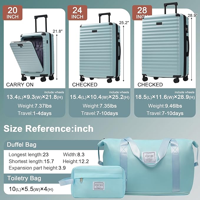 Merax Luggage Sets Front Opening, 3 Piece Hardshell Suitcase with Spinner Wheels and Bags,Lightweight Carry on Luggage with USB Port and Cup Holder,20+24+28,Light Blue