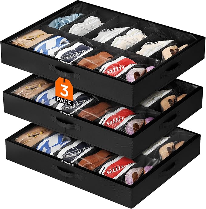 Lifewit Under Bed Shoe Storage Organizer 3 Pack(12 Pairs), 4.3" Tall Fabric Shoes Container Box, Foldable Closet Shoe Bag with 2 Reinforced Handles and Clear Cover, Black