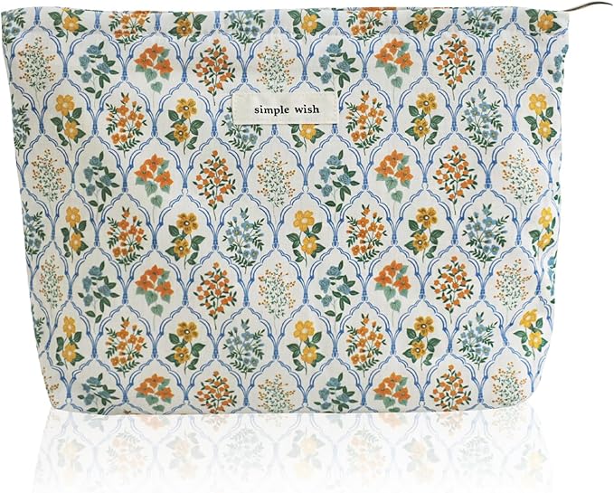 Wudygirl Cute Makeup Bag for Women - Travel Cosmetic Bag with Zipper Makeup Pouch Floral Make up Organizer Handbag Aesthetic (Blue Striped Floral)