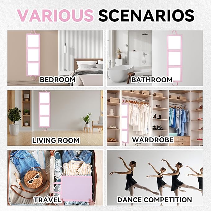ROYALAY Foldable Full Length Mirror with Handle - 47 * 13in Portable Travel & Backstage Mirror (Pink)