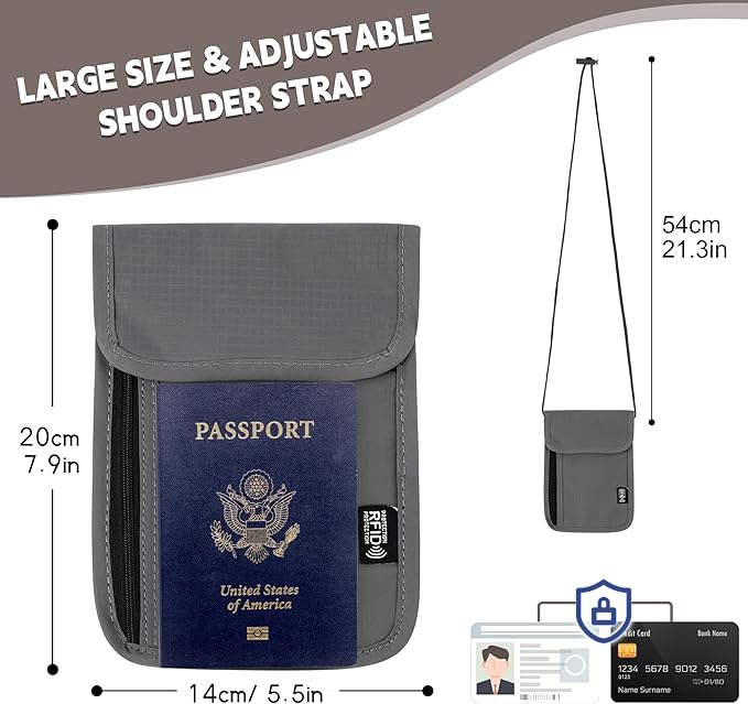 Likesing 5.5" L x 7.9" W Travel Neck Wallet, RFID Blocking Passport Holder, Security Lightweight Passport Travel Wallet, Neck Pouch Gifts for Women Men(Grey)