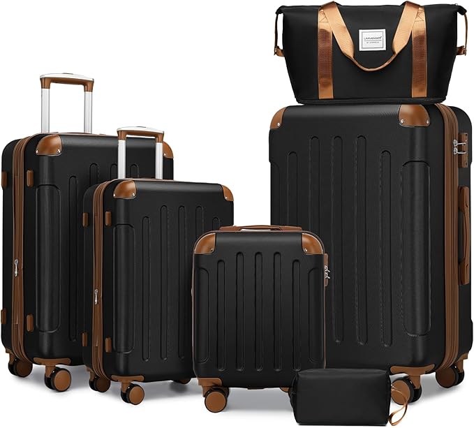 6 Piece Luggage Set Hard Shell - Black Expandable Suitcases with Spinner Wheels and Duffel Bags for Family Travel, Durable Carry On Luggage Sets with Lock for Women and Men