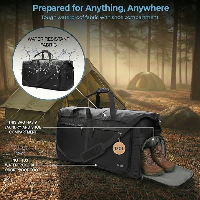 Bago Extra Large Duffle Bag for Travel Women & Men. Durable, Lightweight, Foldable Travel Duffel Bags For Traveling Women. 120L Duffle Bags Use As a Weekender Bag with Shoe Compartment, Checked Duffel